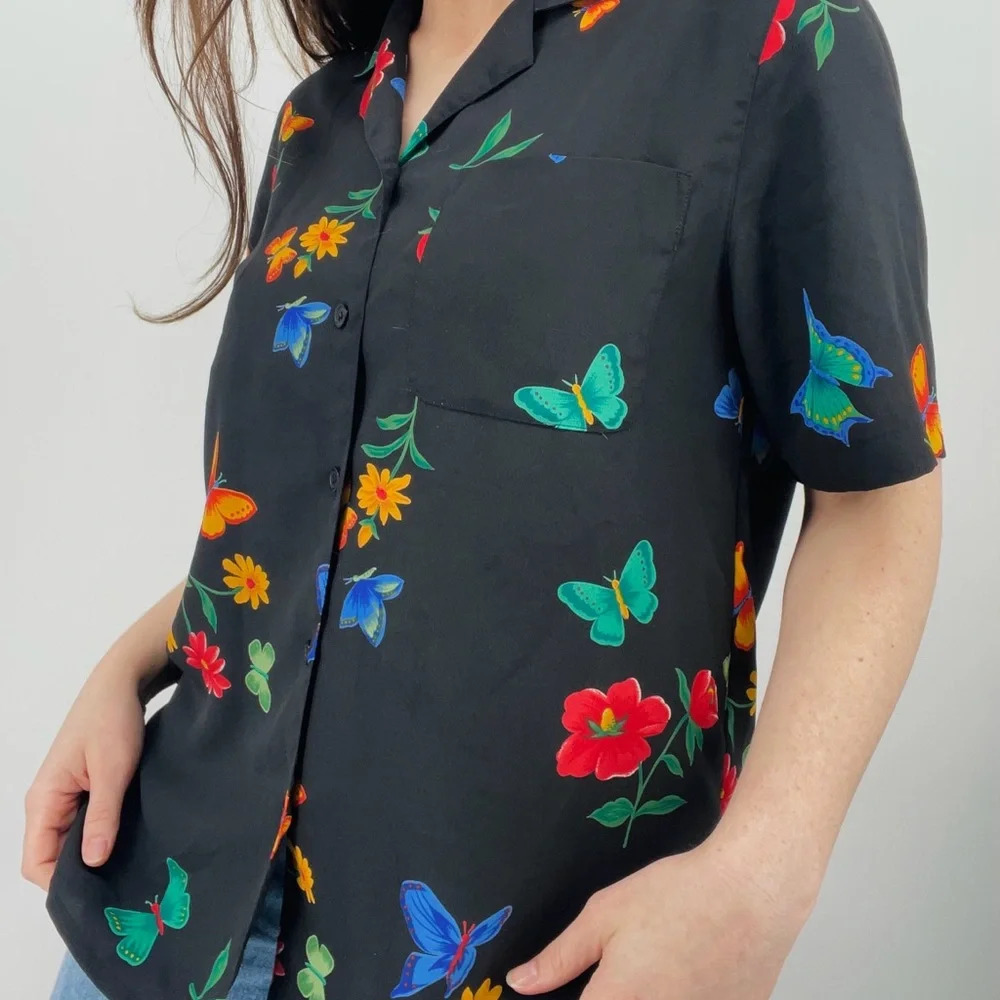 Vintage Ebony Enchanted Butterfly Garden Floral Button Down Top Cottagecore L